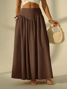 SHEIN Tall Women's Pleated Solid Color Long Skirt, Tall Women - Brown - View 6