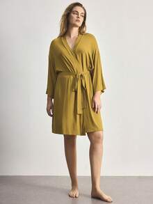 Ocili Plus Size Leisure Ultra Soft Robe, Silky & Breathable, Pairs Well With All Basics - Mustard Yellow - View 3