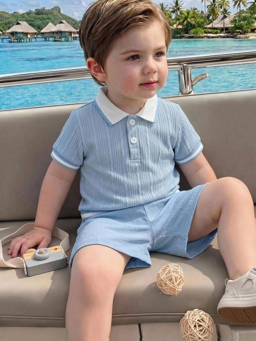 Souflis Souflis 2pcs/Set Baby Boys' French Style White Short Sleeve Shirt And Navy Shorts Set, Suitable For Spring/Summer, Vacation, School And Other Occasions