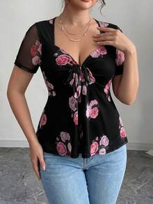 Elenzga Plus Size Versatile Premium Mesh Digital Floral Print T-Shirt - Multicolor - View 6