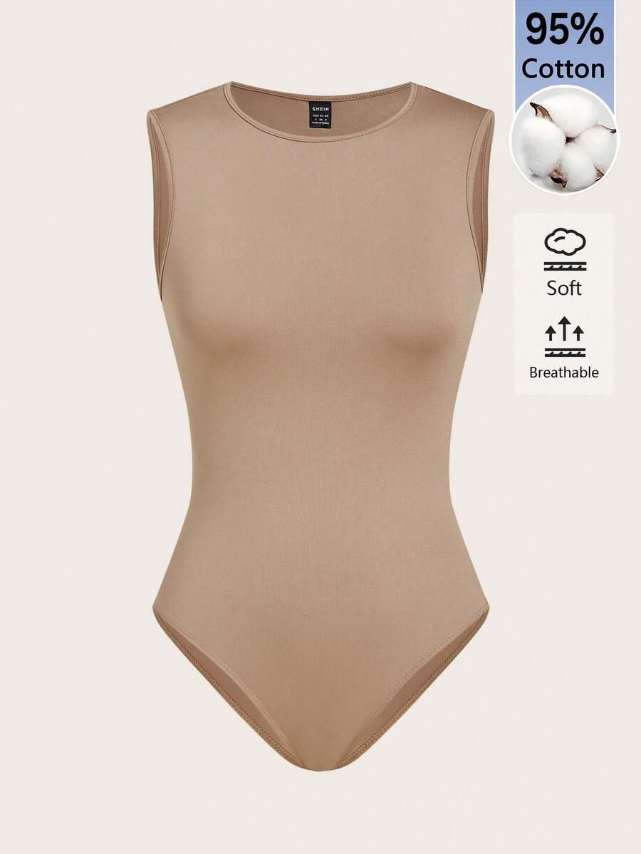 SHEIN BASICS 女款素色圓領休閒背心連身衣 - 杏色 - 查看 1