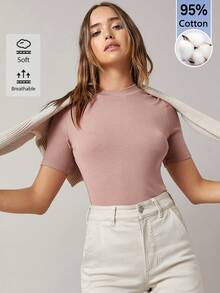 SHEIN BASICS 女款素色圓領修身顯瘦日常百搭短袖T恤 - 淺粉色 - 查看 4