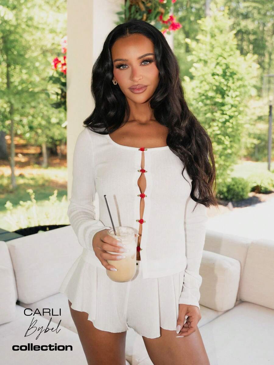 MISSGUIDED X Carli Bybel Pointelle Knit Lounger Co-Ord Set With Rose Button Long Sleeve Top And Flowy Mini Shorts - White - View 1