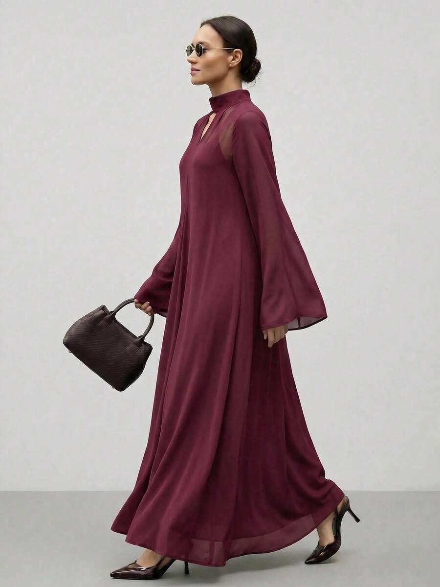 Ontre 2026SS 女款寬鬆雪紡荷葉邊長洋裝,都市通勤商務休閒波希米亞風度假海灘洋裝,優雅婚禮賓客洋裝,海濱洋裝,假期穿搭,辦公室穿著 - 酒紅色 - 查看 1
