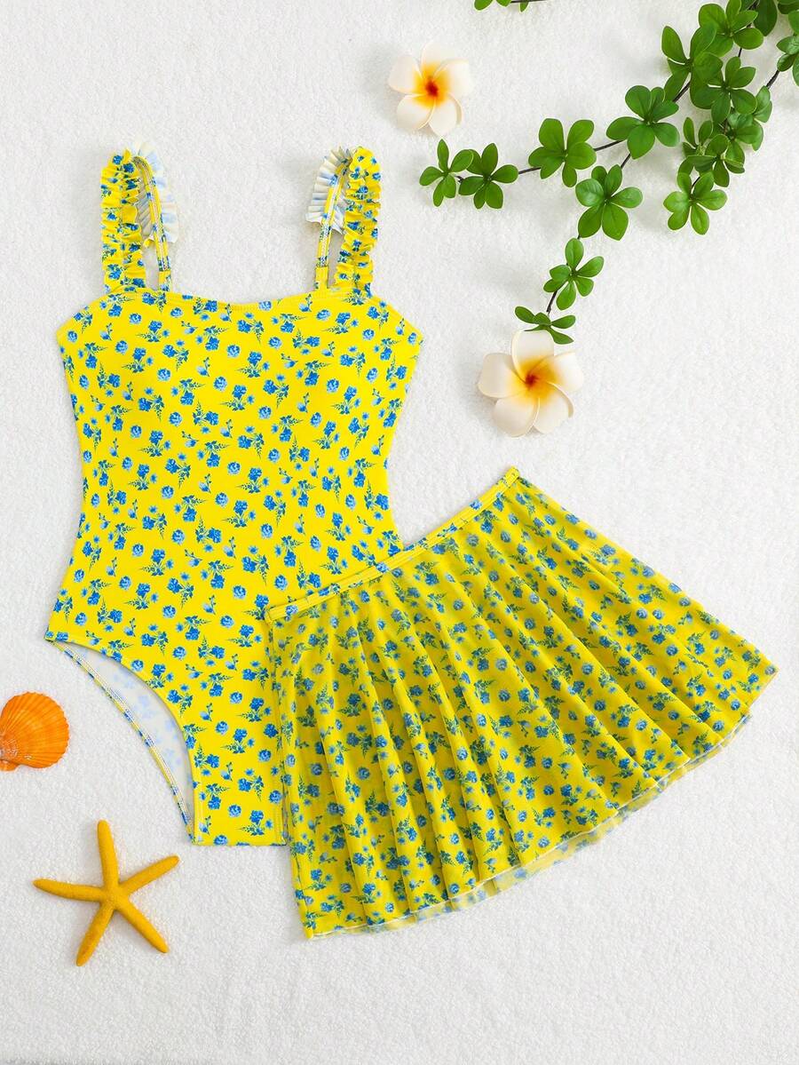SHEIN Set Baju Renang Terusan Motif Bunga dan Rok Jala untuk Liburan Anak Perempuan Remaja - Kuning - View 1