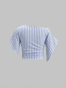 SHEIN EZwear 女款 95% 棉藍白條紋針織蝙蝠袖短版 T-shirt；西部節慶；春夏海灘；Isla - 彩色 - 查看 2