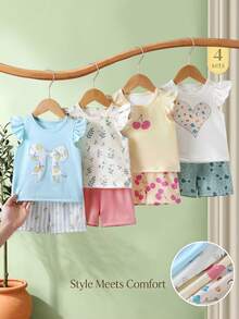 SHEIN Playful Pals 4套幼兒女童可愛休閒花朵櫻桃愛心印花荷葉袖柔軟兩件套夏季上衣短褲套裝 度假海灘穿搭 - 彩色 - 查看 9