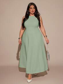 SHEIN BAE Plus Size Women's Summer Full Flare Boat Neck Elegant Long Sleeveless Dress Wedding Guest Sage Green - Mint Green - View 1
