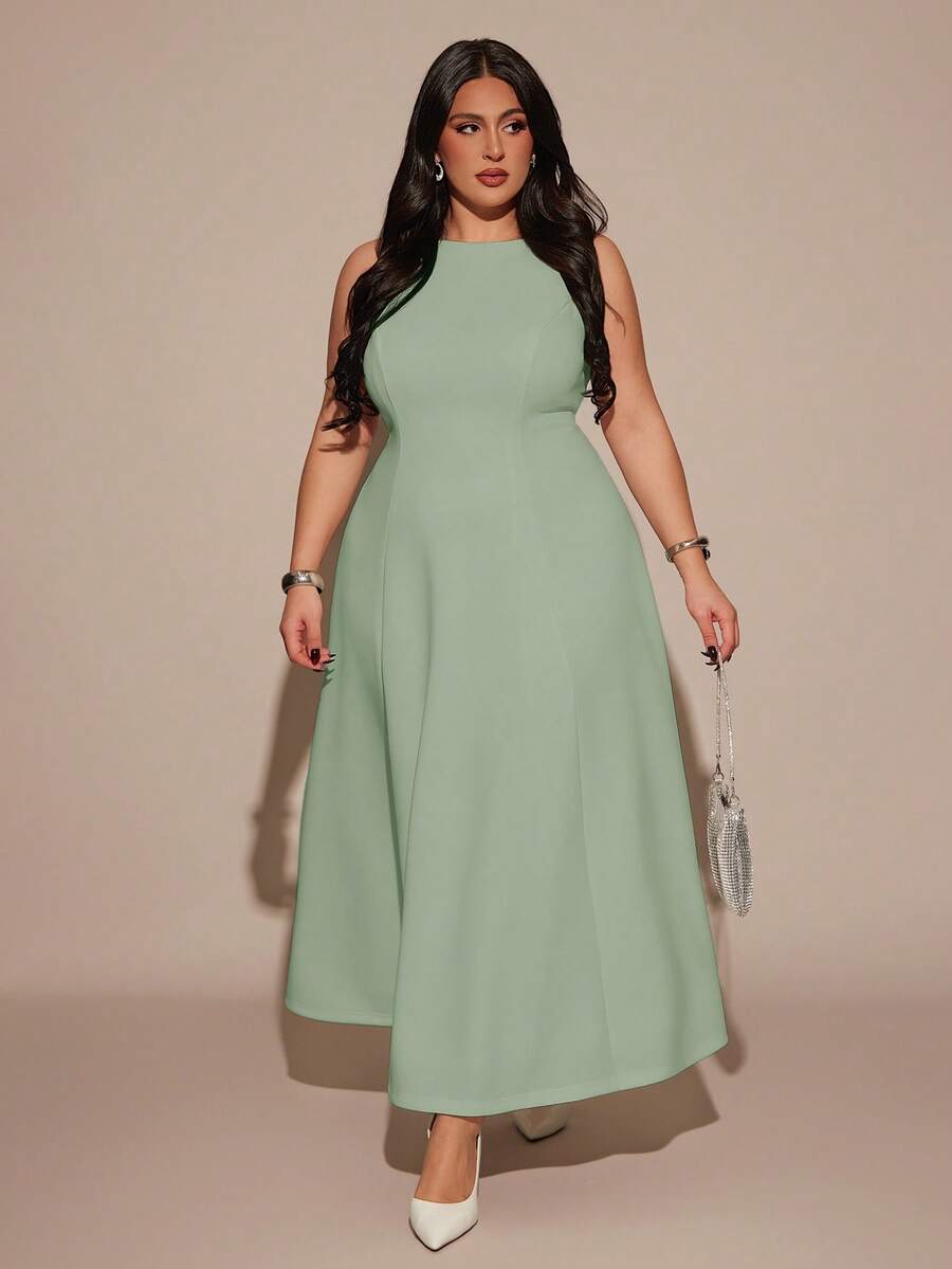 SHEIN BAE Plus Size Women's Summer Full Flare Boat Neck Elegant Long Sleeveless Dress Wedding Guest Sage Green - Mint Green - View 1