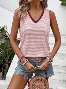 EMERY ROSE Top de tirantes casual y versátil para mujer, primavera/verano, nuevo, con cuello en V, estampado de rayas y diseño de bloques de color - Multicolor - Ver 3