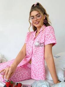 SweetSlumber HELLO KITTY AND FRIENDS | SHEIN Set Piyama Wanita Motif Hati Leopard Pink, Atasan Lengan Pendek Berkerah dan Celana Panjang - Berwarna merah muda - View 1