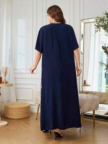 Al Najma Plus Size Women's V-Neck Ruffle Short Sleeve, Mesh Embroidery Patchwork Front Tassel Loose Turkish Dress - Navy Blue - View 2