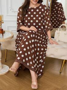 Al Najma Plus Size Women's Chiffon Flowy Round Neck 3/4 Sleeve Polka Dot Comfortable Elegant Romantic Arabian Dress - Coffee Brown - View 3