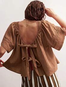 Bohemela Casual Solid Color Woven Loose Fit Women's Shirt - Brown - View 3