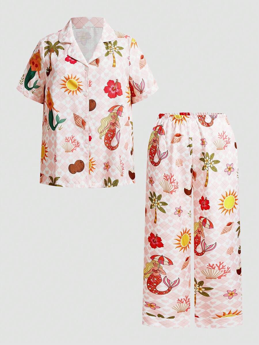 Chillnights Vacation Mermaid Coconut Tree Sun Heart Plaid Print Casual Lapel Plus Size Short Sleeve Pajama Long Pants Set - Multicolor - View 1