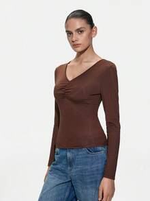 SHAPORA Pijama superior de mujer de unicolor con cuello en V, manga larga y fruncido - Café integral - Ver 4