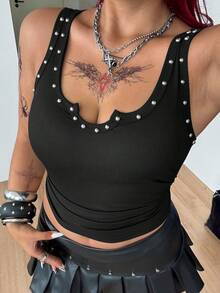 Coolane Women's Plus Summer Streetwear Sexy Going Out Concert Cocktail Goth Y2K Vintage Daily Wear Punk Rivet Stretchy Black Tank Tops - Black - View 4