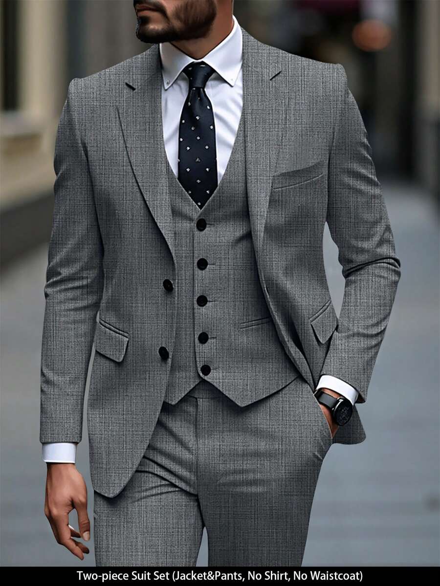 Manfinity Mode Men's Solid Color Patchwork Button Front Long Sleeve Blazer And Pants Set, Men's Solid Color Relaxed Lapel Blazer And Bias Pocket Pants Set Formal, Ceremony - Dark Grey - View 1