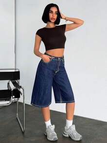 EURMUSE Raw Washed, High Rise, Baggy V Shape Denim Short Jeans Y2k - Dark Wash - View 4