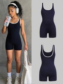 SHEIN Tween Girl Tween Girls Bodysuits & Jumpsuits - Navy Blue - View 3
