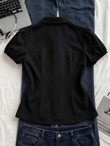 Sunspun 大尺碼暗黑風刺繡修身泡泡袖上衣 - 黑色 - 查看 2