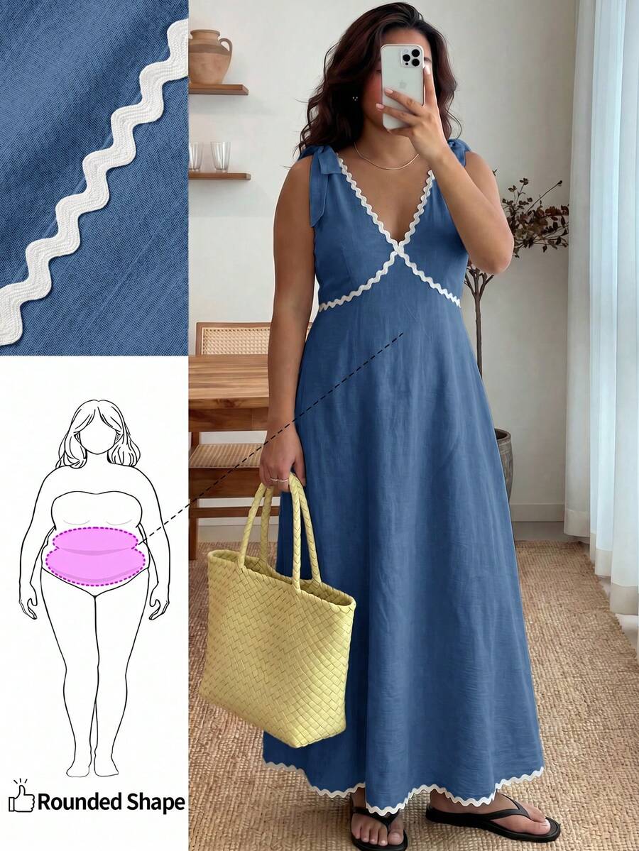 Enliva Plus-Size Women's Sleeveless Color Block Midi Dress Chic Summer Vacation Casual, For Apple And Rounded Body Shape - Blue - View 1