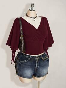 SHEIN ICON Women's Plus Size Cross V-Neck Ruffle Short Sleeve Casual T-Shirt - Red Violet - View 5