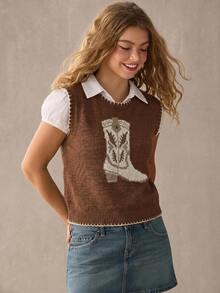 WESTFADE Cowboy Boot Contrast Stitch Sweater Vest Top, Country Style For Women - Coffee Brown - View 4
