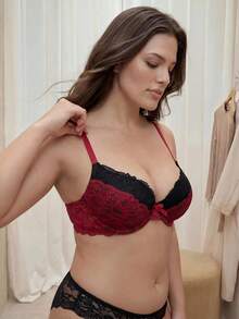 Bralution Plus Size Contrast Color Lace Patchwork Bow Detail Bralette & Wire-Free Bra - Multicolor - View 5