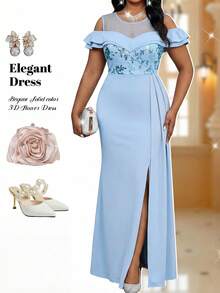 Fleurora Plus Size Light Blue Dress,Elegant Sequin Patchwork Off-Shoulder Maxi Gown,Summer Spring Wedding Guest Dress For Women,Formal Evening Party Dress - Blue - View 1
