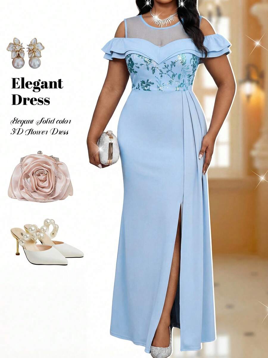 Fleurora Plus Size Light Blue Dress,Elegant Sequin Patchwork Off-Shoulder Maxi Gown,Summer Spring Wedding Guest Dress For Women,Formal Evening Party Dress - Blue - View 1