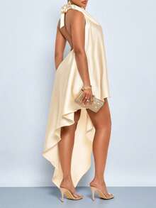 SOLERSUN Plus Size Women's Dress With Pleated Details And Asymmetric Diagonal Hem, Perfect For Dates, Festivals And Parties. - Apricot - View 2