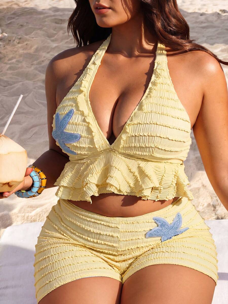 Elaquor Plus Size Women's Summer Beach 3D Starfish Pattern Decor Deep V-Neck Backless Ruched Top And Shorts Tankini Set Bathing Suits For Women - Light Yellow - View 1