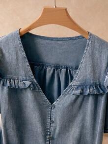 Elaquor Camisa casual de verano con volantes en el bajo y efecto lavado para tallas grandes - Celeste - Ver 3
