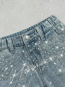 SHEIN Young BoyGlitter Letter Rhinestone Decor Loose Fit Blue Denim Shorts - Light Wash - View 3