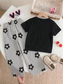 SHEIN Genkimix Kids 少女仿珍珠蝴蝶結裝飾短袖T恤與長褲休閒兩件套 - 黑與白 - 查看 2