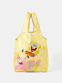 SpongeBob SquarePants | SHEIN Cartoon Printed Foldable Shopping Bag, Lightweight Waterproof Large Capacity Storage Bag, Suitable For Supermarket Purchases, Short Trips, Daily Commuting - Mustard Yellow - View 2