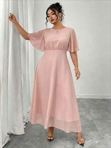 Modelyn Vestido de gasa elegante para mujer talla grande, cuello redondo, mangas acampanadas con volantes, ajustado y drapeado, primavera/verano - Rosa - Ver 3