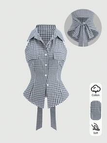 Sweetra Women's Spring/Autumn New Vintage Hot Girl Slimming Red Brown Plaid Versatile Comfortable Bow Street Blouse - Blue - View 1