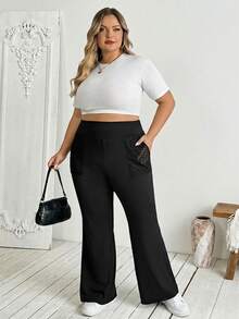 SHEIN CURVE+ 大码女式返校休闲家居服瑜伽舒适户外纯色针织弹力腰高腰喇叭裤，带蕾丝口袋的紧身裤 - 黑色 - 查看 11