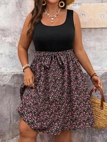 SHEIN VCAY Plus Size Women Leisure Holiday Floral Patchwork Dress Summer Outfits Country Rave Festival Beach Vacation Sundress Boho Black - Multicolor - View 1
