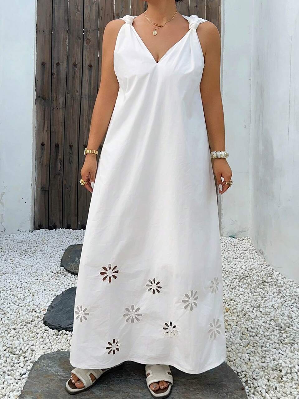 Dazy Plus Plus Size Spring Summer White Hollow Out Jacquard Lace-Up Bohemian Tank Dress Casual Vacation Beach Commute Loose Wide Hem Midi Dress For Women
