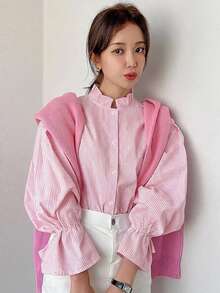 DAZY Women's Casual Commuter Striped Shirt - Pink - View 5