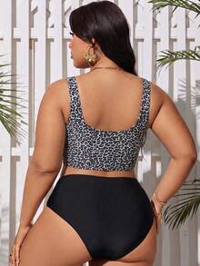 Swim Lushoire طقم ملابس سباحة تانكيني نسائي مقاس كبير صيفي للشاطئ بطبعة نمر كاجوال - الأسود - مشاهدة 2