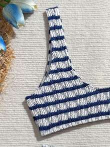 SHEIN Teen Girl Striped Metal Buckle Tank Top And Triangle Bikini Bottom Swimsuit Set For Vacation Beach - Navy Blue - View 7
