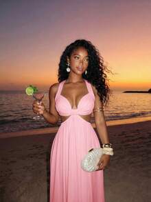 Slaydiva Vacation Beach Solid Color Backless Halter Neck Dress - Pink - View 10