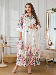 Al Najma Summer Positioning Floral Cuff Contrast Color Loose Fit Plus Size Women's Arabian Dress - Multicolor - View 3