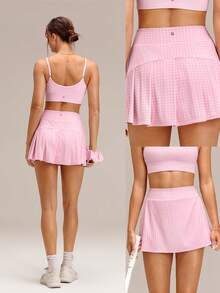 GLOWMODE Falda de entrenamiento de 4.5" cómoda y elástica con control de abdomen 360°, cintura ultra alta en forma de V, volantes en la cadera y pantalones cortos integrados, para tenis, golf y uso diario, secado rápido, primavera y verano - Rosa - Ver 8