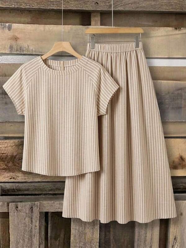 Rusticease Casual Minimalist Style Faux Texture Vertical Stripe Apricot 2-Piece Set Women's Vacation Casual Top + Striped Print Skirt Set, Women's Summer Set, Summer Skirt Set, Skirt Top Set, Women's Skirt Top Set, Printed Skirt Set