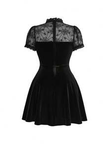 ROMWE Goth 深色性感蜘蛛網透視拼接天鵝絨 Cosplay 派對大尺碼收腰洋裝 生日禮服 - 黑色 - 查看 5